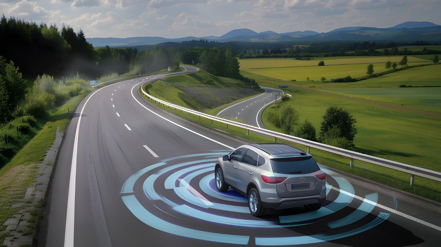 Autonomous vehicle navigating scenic mountain highway